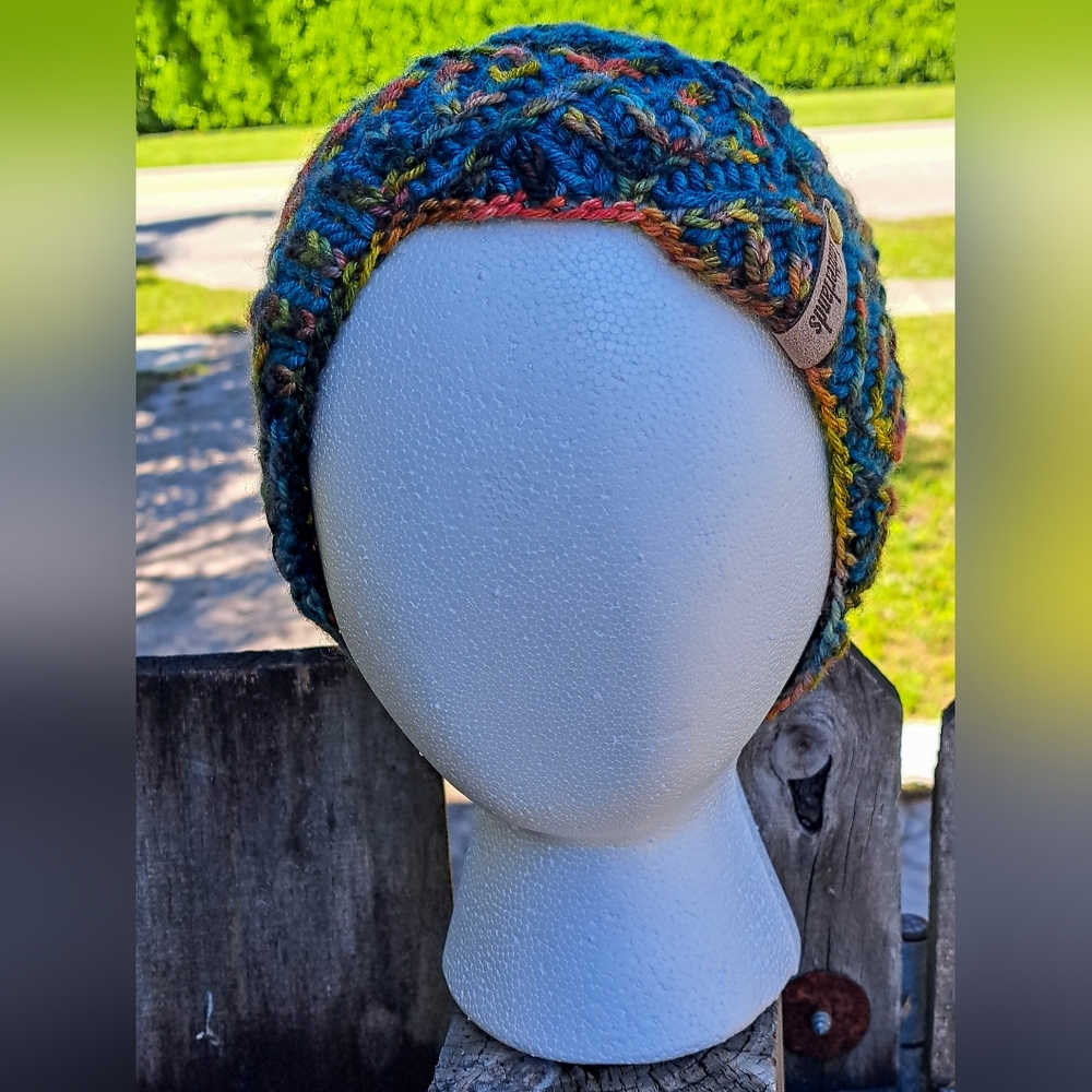 Knit Hat Warm Hand Dyed Soft Wool Green Multicolor Striped Brioche Stocking Cap - Picture 11 of 13